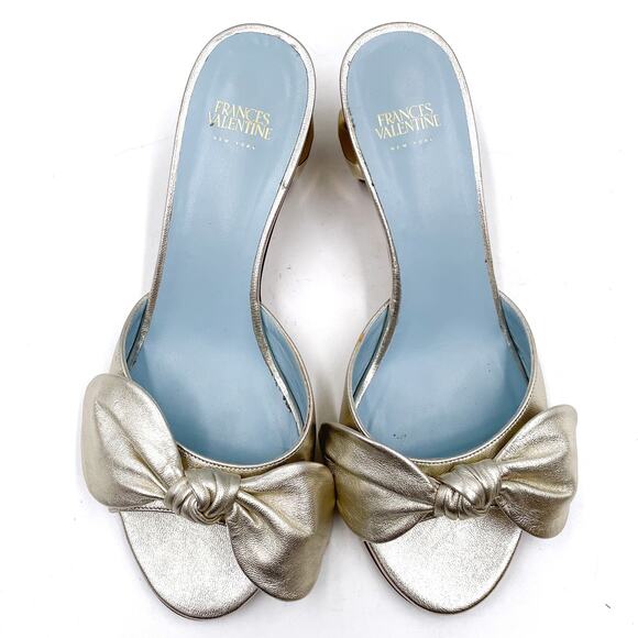Frances Valentine Bottie Bow Heels Gold Sandals Geodome Slide Leather Sz 7 - Picture 3 of 12